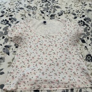 Old Navy White Ribbed Tee with Pink Floral Print